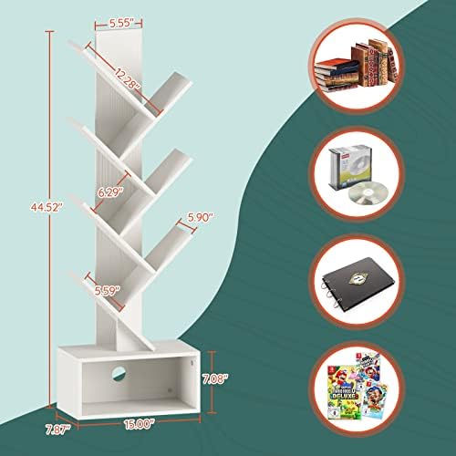 Yoobure Tree Bookshelf, 6 Tier Small Book Shelf Retro Floor Standing Bookcase, Wood Book Storage Organizer Rack, Tall Narrow Bookshelves for Corner/Bedroom/Living Room/Home Office, White - Image 3
