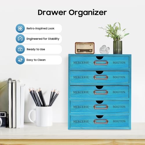 Vintage Wooden Home Office Desk Organizer with 5 Drawers, 10×6.9×12.2in - Image 5