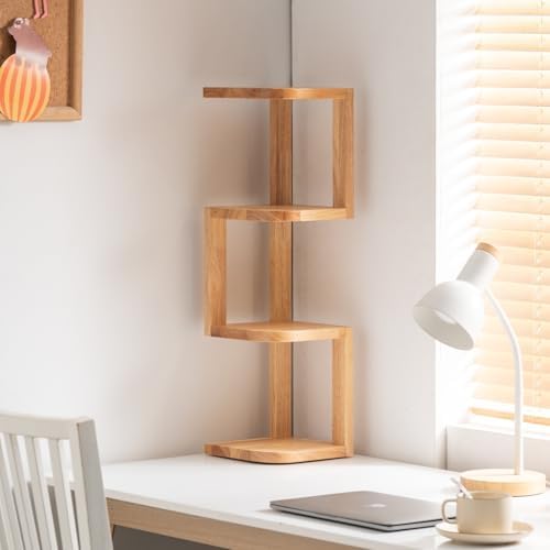 Corner Shelf Stand Desk Organizer,26.8" H Rubberwood Brown Rack for Small Spaces, Bedroom,Home Office,Kitchen,Bathroom (Natural, 4 Tier) - Image 5