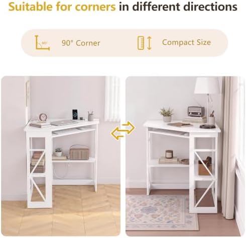 VECELO Corner Desk, Triangle Computer Desk for Small Space with Charging Station and Keyboard Tray, Corner Makeup Table with Storage Shelves for Home Office Bedroom, 41x30, White - Image 6