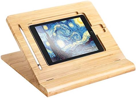 ELETIUO Tablet Stand Holder Adjustable Foldable,Multi-Angle Bamboo Wooden Organizer Desktop Holder for iPad,Stable for Drawing,Watching,Typing (Support Multiple Devices) by ELETIUO
