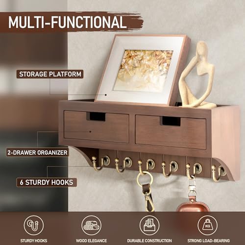 Rebee Vision Key Holder Wall Mount with Shelf for Entryway, Vintage Brown - Image 3
