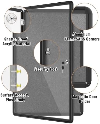 Mifuro 36"x24" Enclosed Bulletin Board, Lockable Weather-Resistant Aluminum Cork Noticeboard for School & Office, Black Frame w/Grey Flet - Image 3