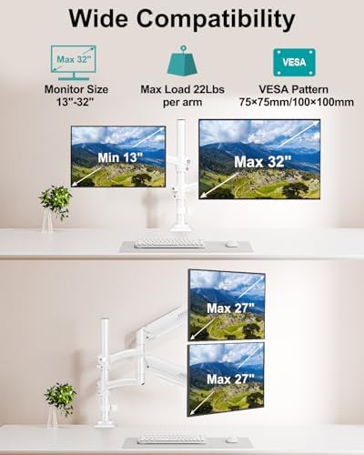 Dual Monitor Stand for 2 Screens up to 32 inch, Vertical Stacked Dual Monitor Mount, Full Motion Adjustable Tall Double Monitor Desk Mount, Each Arm Holds 4.4-22lbs, VESA 75/100mm, White, Freelift - Image 5