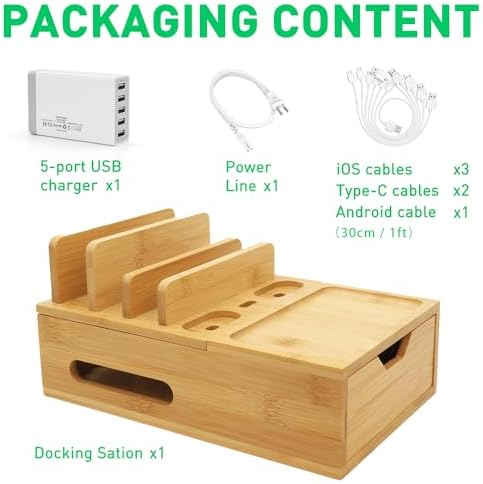 Bamboo Charging Station Organizer with Drawer & Tray, 5-Port USB Charger & 6 Cables, Magnetic Multi-Device Dock for Phones, Tablets, Smartwatches, Kindle, Home & Office - Image 5