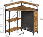 VENNQD Corner Desk with Drawers Shelves for Small Space 90 Degrees Triangle Computer Desk with Power Outlets,Gaming Desk with LED Lights Monitor Stand for Home Office Workstation Writing Table (Brown) - Image 3