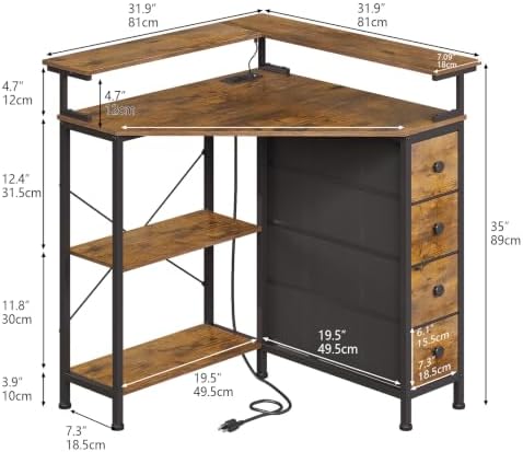 VENNQD Corner Desk with Drawers Shelves for Small Space 90 Degrees Triangle Computer Desk with Power Outlets,Gaming Desk with LED Lights Monitor Stand for Home Office Workstation Writing Table (Brown) - Image 3