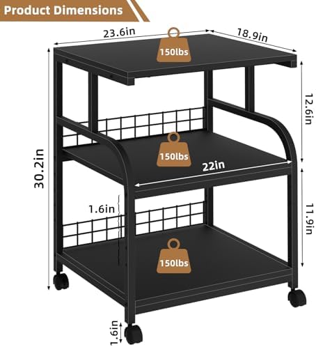 Lerliuo 3 Tier Black Large Printer Stand with Adjustable Storage Shelf - Image 2
