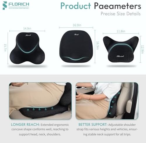FLORICH Car Seat Cushion and Lumbar Support Pillow for Office Chair Car, Neck Headrest Pillow, Ergonomic Memory Foam, Pressure-Relieving Back Support for Car, Office Chair & Wheelchair – Black - Image 2
