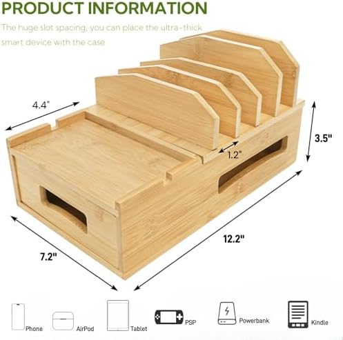 ZOOFOX Bamboo Charging Station for Multiple Devices, Desk Docking Station with Removable Divider Slots and Drawer, Bedside Charging Station Compatible with Smartphone, Tablet, Laptop, Earphone - Image 2