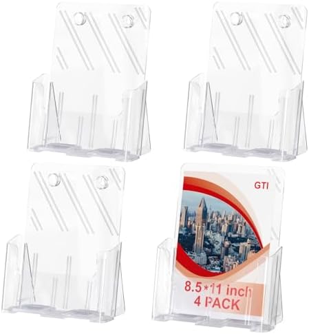 GTI Acrylic Brochure Holder 8.5 x 11 inch, 4 Packs Brochure Display Stand for 4’’ Trifold Pages, Clear Flyer Display Holder for Magazine, Pamphlet, Booklets, Menu,Journals by GTI