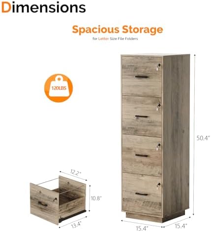 VINGLI 4 Drawer File Cabinet with Lock, Home Office Filing Organizer, for Letter Size File Folder Storage, Wood Tall Vertical Filing Cabinet, Printer Stand, Archivador (Rustic Gray) - Image 3