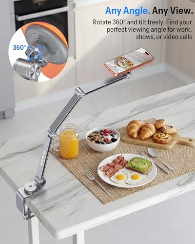 OMOTON Tablet Stand for iPad with 360° Rotation, GH04 Aluminum Alloy Long Arm Phone Mount with Magnetic Phone Head & Plastic Tablet Clamp, Adjustable Holder for 4-13" iPad Pro/iPhone, Grey - Image 4