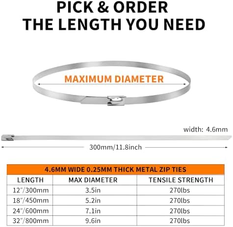 1000Pack Stainless Steel Cable Zip Ties 12 inch 304 Metal Cable Ties with 270lbs Tensile Strength Heavy Duty Zip Ties for Farms Pipes Roofs Workshop Outdoor Fence Use - Image 7