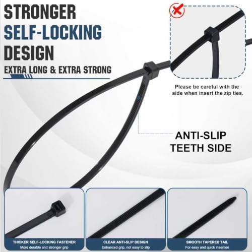 Zip Ties Heavy Duty Assorted Sizes(8”+12”+18”+24”), 400 Pack,Large Black Cable Ties,Multi-Purpose Self-Locking Nylon Cable Cord Management, Long Plastic Wire Ties for indoor and outdoor use. - Image 3