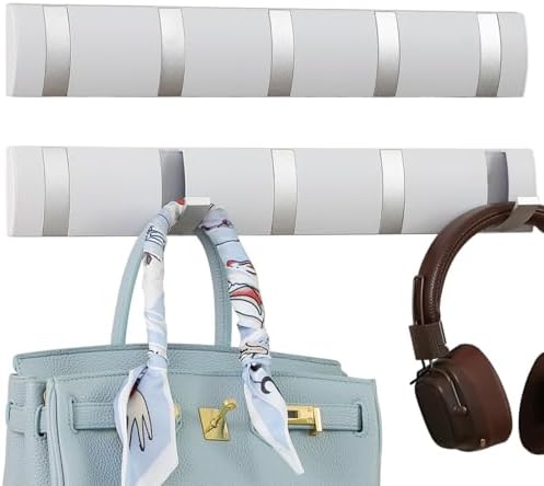 2 Pack Foldable Stylish Modern Hook Rack with 5 Hooks, Coat Hooks Wall Mount, Metal Coat Hook Rail for Coat Hat Towel Purse Robes Mudroom Bathroom Entryway (White and Silver) by CEHOLD