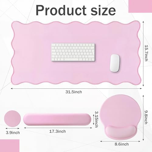 Sabary Scalloped Desk Mat Keyboard Mouse Pad Set Pink 31.5 x 15.7 Inch - Image 2