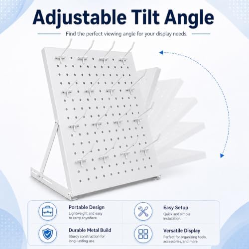 2 Pack Pegboard Display Stand, Metal Peg Board with 32 Hooks, Adjustable Angle & Foldable Design, Thick Steel Panel, Durable Tabletop Rack 16''x12'' for Vendor Display, Craft Show, Jewelry Display (white) - Image 3