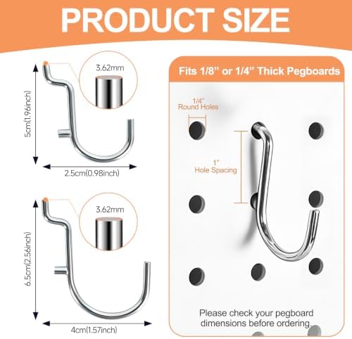 100PCS Dual Locking Pegboard Hooks Set, 50pcs 1" & 50pcs 1.5" Heavy Duty Galvanized Iron Pegboard Hooks, Fits 1/8” & 1/4” Pegboards for Garage Tool Storage Workshop Organization - Image 3