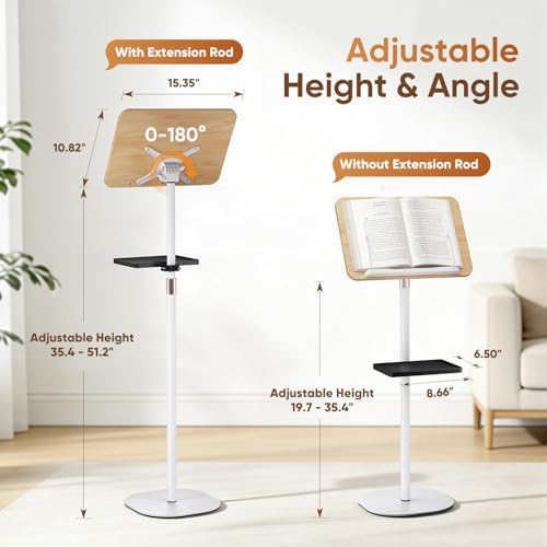 2 in 1 Adjustable Floor Book Stand & Music Stand with Removable Tray, 19.7" to 51.2" Foldable Reading Book Holder with Page Clips for Laptop, Cookbooks, Sheet Music, Wooden Podium Stand for Projector - Image 3