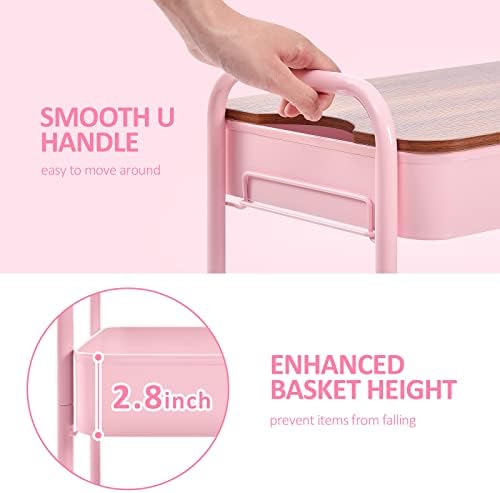 TOOLF 3 Tier Rolling Cart, Metal Utility Storage Cart with Wheels, Pink - Image 5