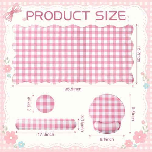 Sabary Gingham Desk Mat Scalloped Pink, 35.4 x 15.7 Inch - Image 2
