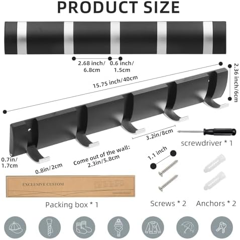 2 Pack Foldable Stylish Modern Hook Rack with 5 Hooks, Coat Hooks Wall Mount, Metal Coat Hook Rail for Coat Hat Towel Purse Robes Mudroom Bathroom Entryway (Black and Silver) - Image 3