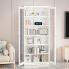 VINGLI Lockable Display Cabinet with Glass Doors & 5 Adjustable Shelves, 71" Tall White Metal Storage Cabinet Curio Liquor, Bookshelf Bookcase for Home Office Living Room Pantry Garage by VINGLI