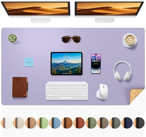 Aothia Dual-Sided Desk Mat, FSC Cork & PU Leather Desk Pad, Large Mouse Pad & Writing Surface for Full Desk Coverage, Non-Slip Waterproof Desk Protector - 47" x 23.6", Light Purple by AothiaSimpleNaturalUnique