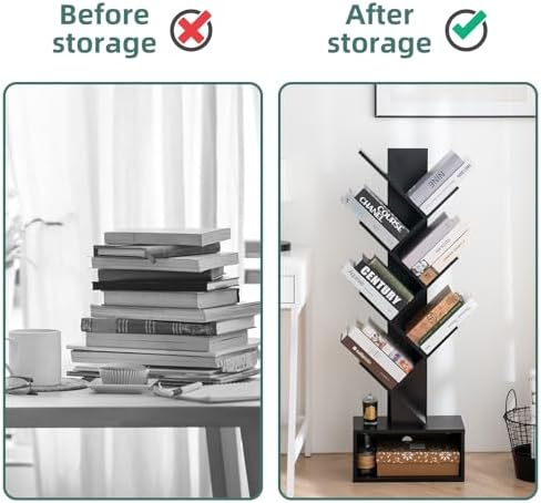 Yoobure Tree Bookshelf, 6 Tier Small Book Shelf Retro Floor Standing Bookcase, Wood Book Storage Organizer Rack, Tall Narrow Bookshelves for Corner/Bedroom/Living Room/Home Office, Black - Image 6
