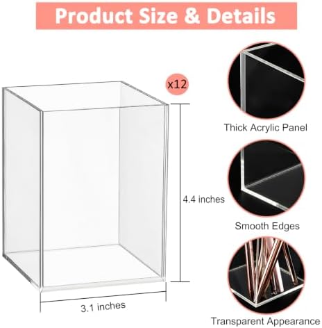 Mototo 12PCS Clear Acrylic Pen Holder Pencil Cup Office Desk Organizer Case - Image 2