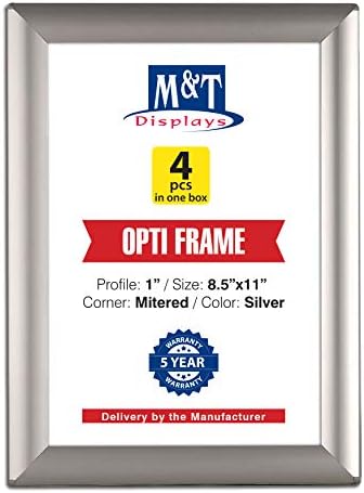 M&T Displays Silver 8.5x11 Poster Frame 1 inch Aluminum Profile Front Loading Wall Mounting Opti Snap Frame Display for Picture, Document or Certificate with Mitred Corner (4 Pack) by MTDisplays