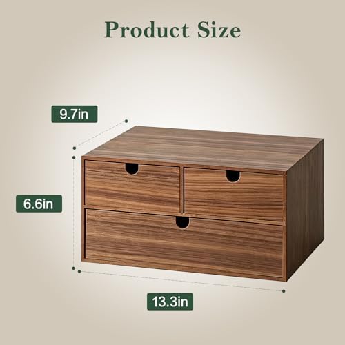 2-Tier Wooden Desk Organizer with 3 Drawers, Walnut Finish - Image 2