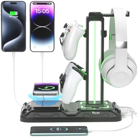 KDD Headphone & Controller Stand with Wireless Charging - Rotatable Headset Stand with 9 Light Modes - Controller Holder with 2 USB and Type C Ports - for Gamers Desktop Accessories by KDD