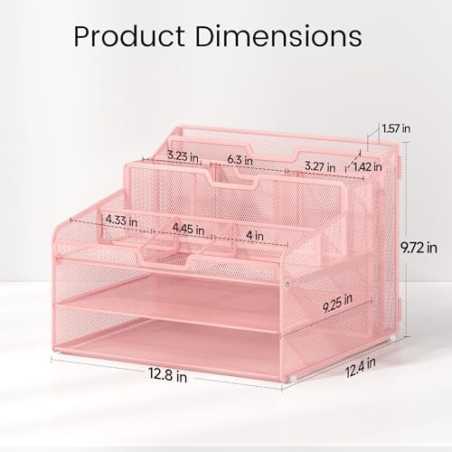 Lavatino Desk Paper File Organizer - Metal Mesh with 2 Letter Trays, 7 Flexible Dividers, 2 Vertical File Folder Holders for Office/Home/Classroom Supplies, Desk Organizers and Accessories, Pink - Image 5
