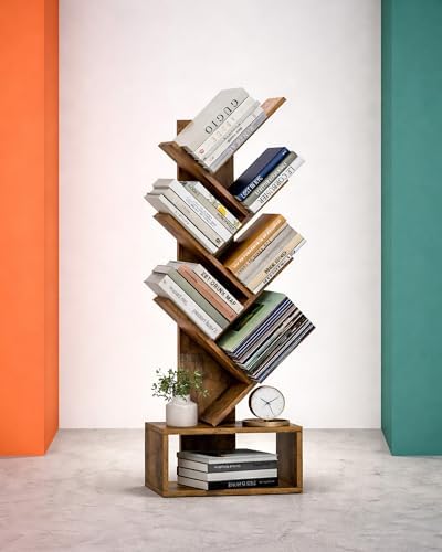6 Tier Tree Book shelf - Small Bookcase and Small Bookshelf for Small Spaces, 15.0-Inch Wide Rustic Standing Organizer with Six Divided Book Tiers for Living Room, Bedroom or Home Office, Rustic Brown by XBurmo