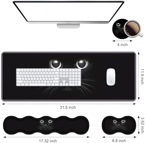Ergonomic Keyboard Wrist Rest & Mouse Pad Wrist Rest Set, Large XXL Gaming Desk Mat 31.5"x 11.8" with Memory Foam, Easy Typing Pain Relief for Office & Home, Cute Black Cat Face - Image 2