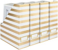 BLU MONACO | Cardboard Magazine File Holder Set of 4 Gold White Stripes | Vertical Magazine File Holder with Label Slots | Standing File Holder and Cardboard Bins for Shelves Desk Classroom by Blu_Monaco