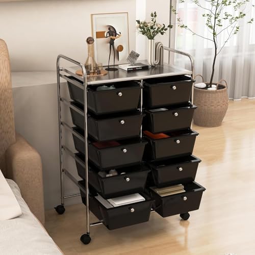 LDAILY 10 Drawer Rolling Cart, Storage Cart Organizer on Wheels, Drawer Cart with Metal Frame & Large Storage Capacity, Rolling Cart with Drawers for Living Room Classroom, Office - Image 2