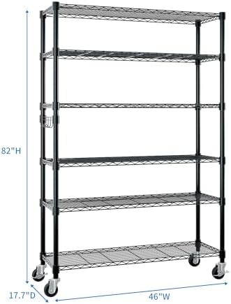 6 Tier Storage Racks Shelving, Heavy Steel Pantry Shelves, Adjustable Wire Shelving Rack with Wheels, Suitable for Garage, Kitchens, Bathroom, Offices, 46" W x 17.7" D x 82" H, Black - Image 3