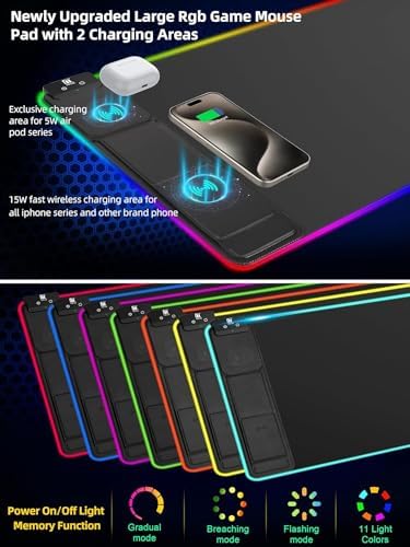 XXL Mouse Pad with Phone Holder - Black, RGB Desk Mat with 15W Fast Charging, LED Gaming Mousepad with 11 Light Colors, Waterproof Non-Slip Pad for Office & Home (Black with PD Adapter) - Image 5