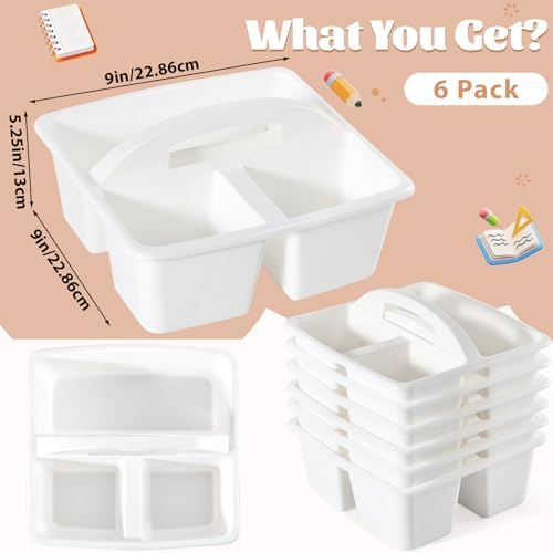6 Pack Classroom Caddy with Handle Plastic Storage Caddy Organizer with 3 Compartments Desk Caddies Holder Portable Storage Bin for Pencil, Crayon, Marker, Home, Office, School Supplies(White) - Image 2