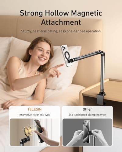 TELESIN Magnetic Phone Holder for Desk and Bed - Strong Magnetic - Tablet Stand Holder with Long Arm - 360° Freely Adjustable Rotation Base - Upgraded Silicone Clamp for iPhone, Android & IPad Series - Image 3