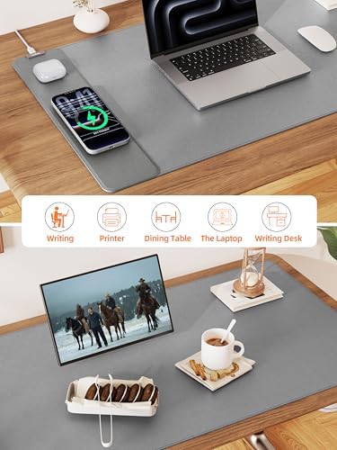 Mouse Pad with 15W Wireless Charging, XXL Large Leather Desk Mat, Gray - Image 6