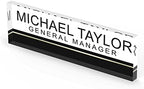 Artblox Personalized Office Desk Name Plate and Business Card Holder | Clear Acrylic Glass with Teak Wood Stand | Black Stripe Design Customized with Your Name and Credentials Office Desk Decor - Image 5