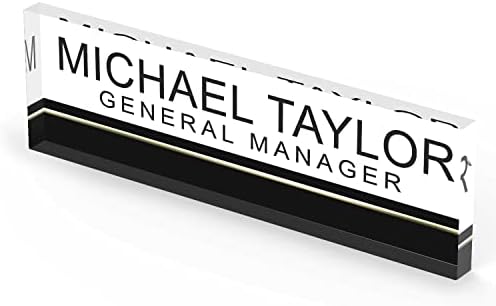 Artblox Personalized Office Desk Name Plate and Business Card Holder | Clear Acrylic Glass with Teak Wood Stand | Black Stripe Design Customized with Your Name and Credentials Office Desk Decor - Image 5