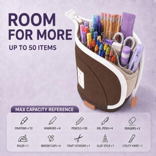 Retractable Pencil Case, Large Standing Pen Pouch, 3 Compartments (Cocoa Brown) - Image 2
