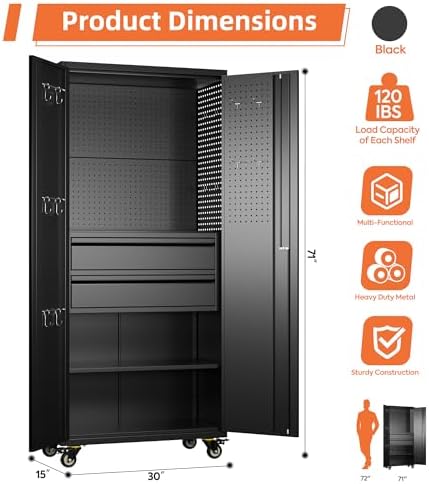 Aobabo Metal Garage Cabinets on Wheels, Lockable Cabinet with 2 Drawers - Image 3