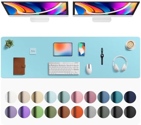 Aothia Faux Leather Desk Mat - Large Mouse Pad, Non-Slip PU Leather Blotter, Waterproof Writing Surface for Office and Home (Blue Topaz, 63" x 17") by AothiaSimpleNaturalUnique