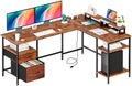 DUMOS 62" L Shaped Computer Desk with Drawers and Shelves, Rustic Brown by DumosLifestyle